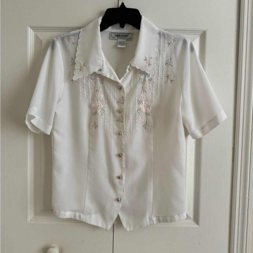 Vintage Savannah 70s Blouse White Embroidered Short Sleeve Top